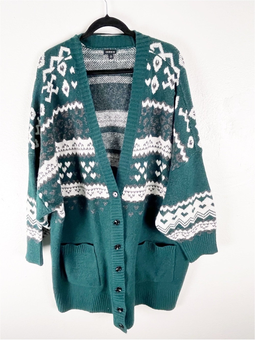 TORRID Green Fair Isle Drop Shoulder Pockets Button Long Cardigan Size 5X Cabin
